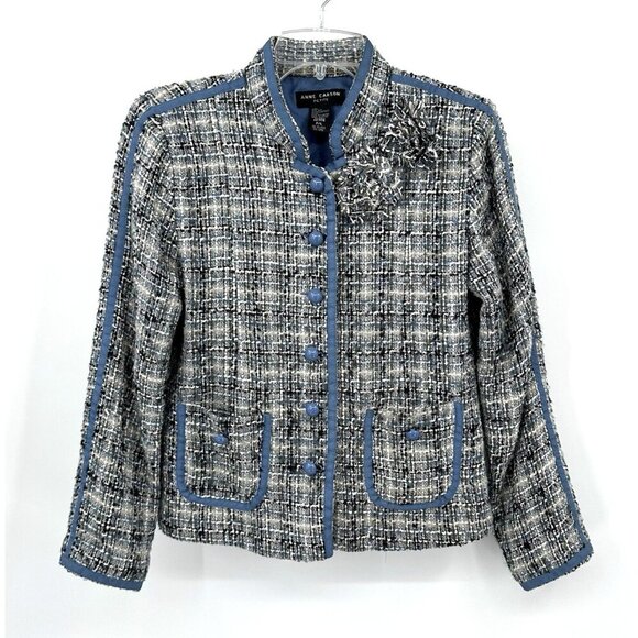 ANNE CARSON jacket blazer silk nubby boucle broach pockets office blue petite PL - Picture 1 of 6